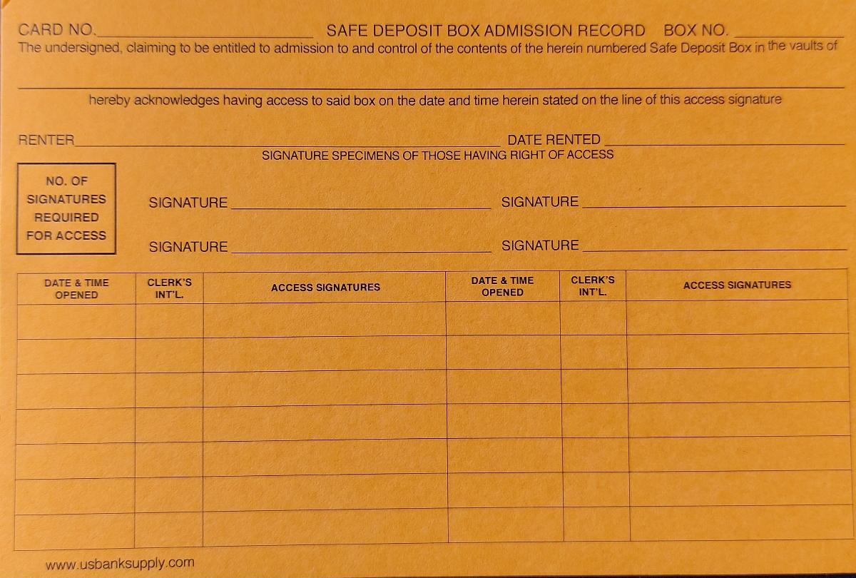 SAFE DEPOSIT BOX ADMISSION RECORD CARDS -- TWO SIDED (PACK OF 100) - Main Image