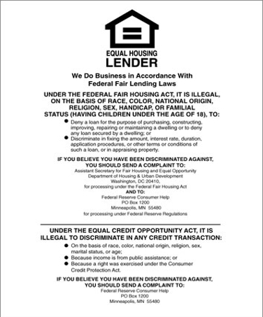 Equal Housing Lender Mandatory Wall Sign On Cardstock Paper (Federal Reserve) White 11x14 - Main Image