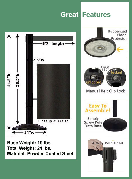 QueuePole Black, Powder-Coated Stanchion with 6' 7