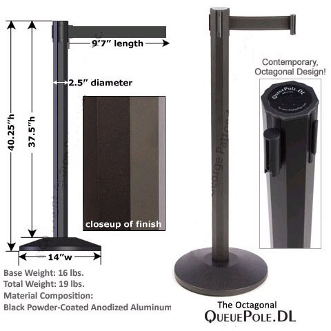 QueuePole Octagonal Aluminum Stanchions w Black Power-Coated Finish, 9' 7