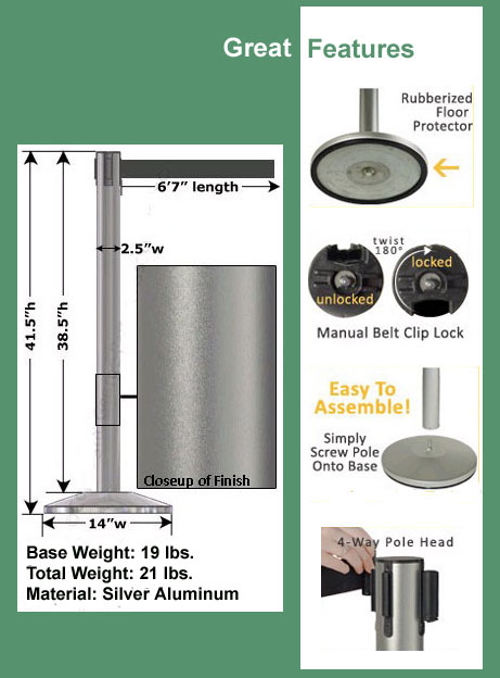 QueuePole Silver-Aluminum Stanchion with 6' 7