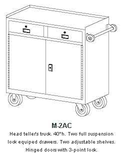 Double-wide version M-2AC, head teller's truck, 2 full suspension lock-equipped drawers, 2 adjustable shelves, hinged doors, 3 pt. locks