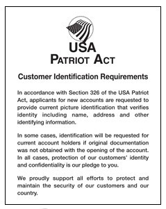 USA Patriot Act Mandatory Sign with Flag (Customer Identification) 11 X 14 -- BLACK LETTERS ON WHITE # US0001W-CI
