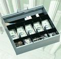 Coin and bill tray, without cover. Five coin, five currency and one utility compartment. 