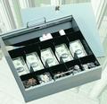 Coin and bill tray with cover: five coin, five currency and one utility compartment