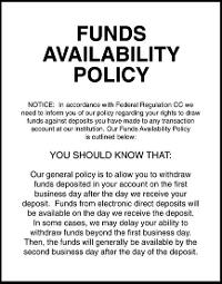 Funds Availability Policy Mandatory Sign second day text