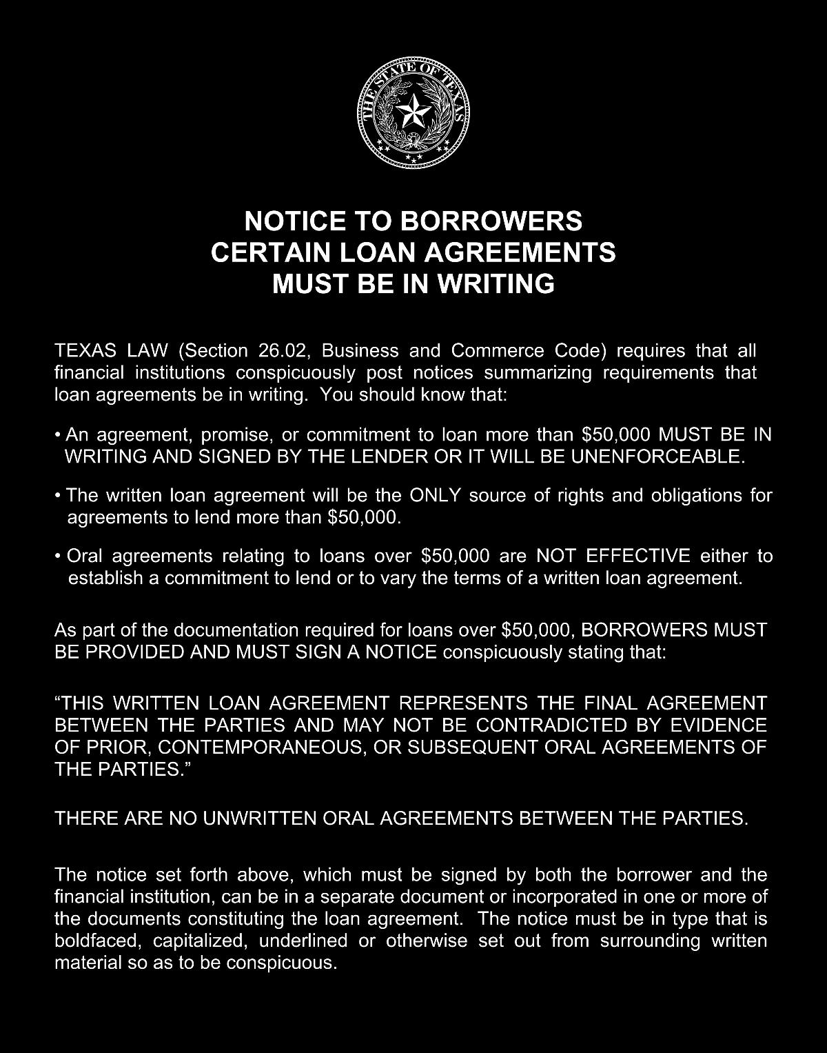 State Of Texas Notice To Borrowers Mandatory Wall Sign  11x14 - Main Image
