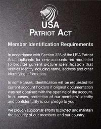 Patriot Act Mandatory Sign with Flag: Member Indentification