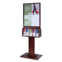 TWO SIDED OAK FLOOR POSTER STAND WITH 5 POCKET LITERATURE HOLDERS ON EACH SIDE 