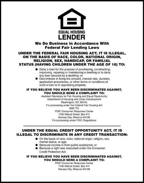 Equal Housing Lender Mandatory Sign FDIC Mandatory Sign U.S. Bank